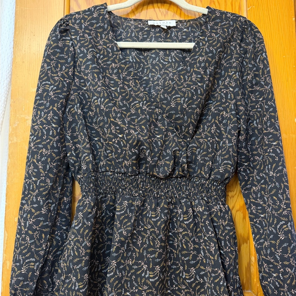 Hayden LA Black Floral Smocked Waist Boho Top Small Wheat Print Cottagecore